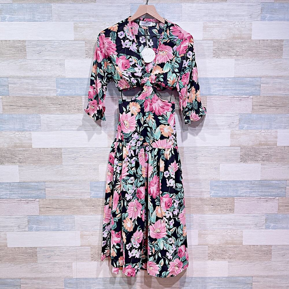 Petal & Pup Floral Cut Out Tara Maxi Dress Black Pink Ruffle Sleeve Womens US 0